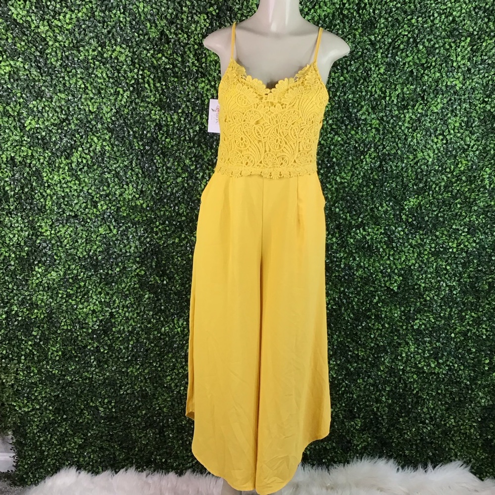 NWT Yellow crochet top wide leg Jumpsuit